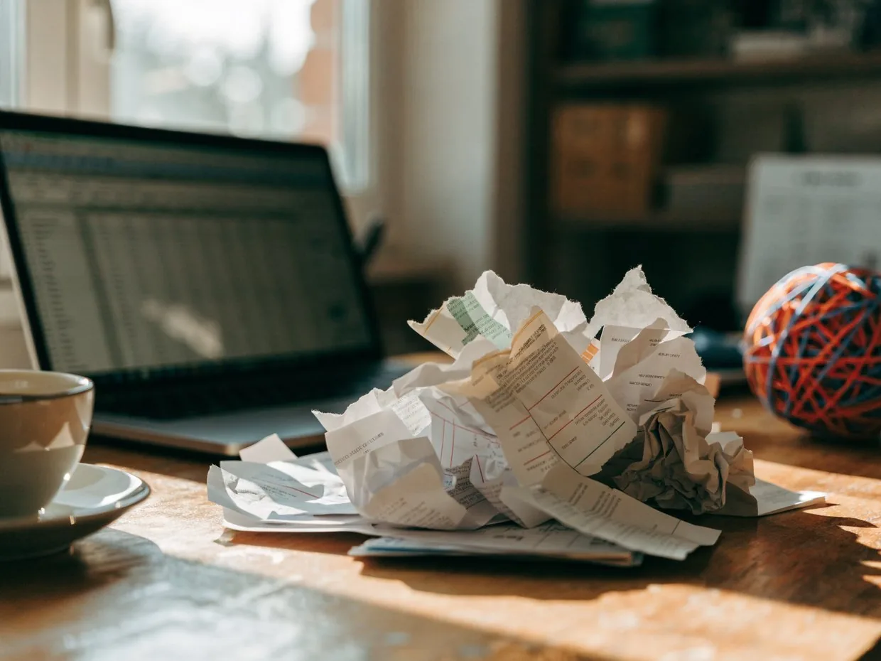 A pile of paper receipts beside a laptop on a small business owner's desk
